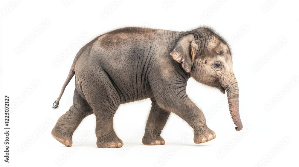 Naklejka premium Young elephant calf walking on white background