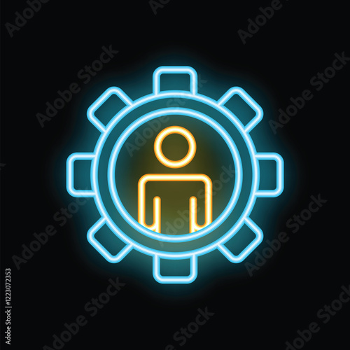 Bright neon icon of a person inside a gear representing human resources management, personnel management and headhunting