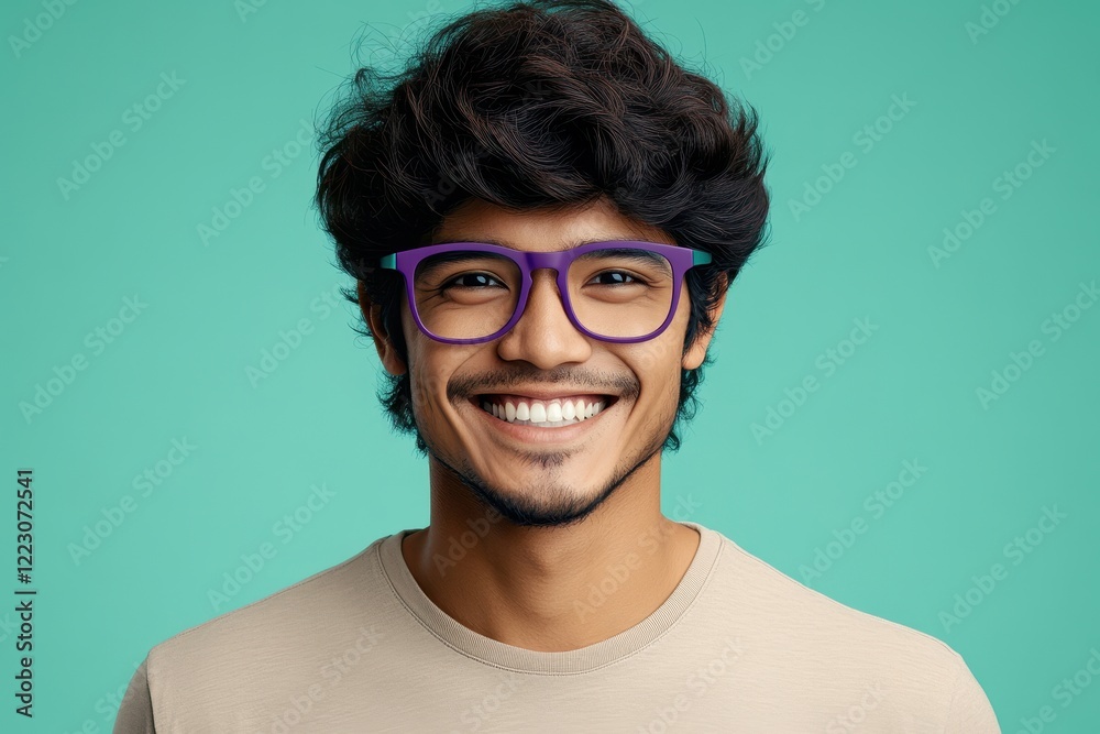 Happy Young Man with Purple Glasses Smiling Against a Teal Background Happy Young Man with Purple Glasses Smiling Against a Teal Background