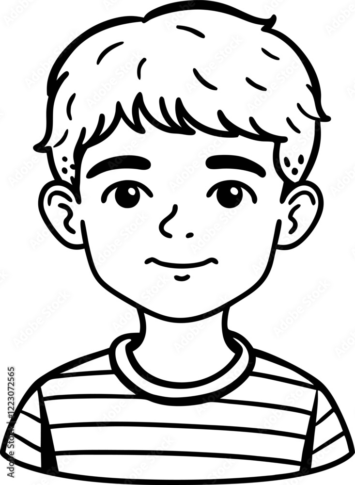 Smiling Boy Portrait in Striped Shirt Black and White Line Art Illustration Smiling Boy Portrait in Striped Shirt Black and White Line Art Illustration