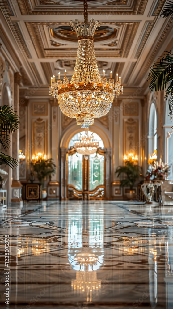 Fototapeta premium Luxurious chandelier opulent hallway with marble flooring and elegant decor. grandeur of space is enhanced by intricate details and soft lighting