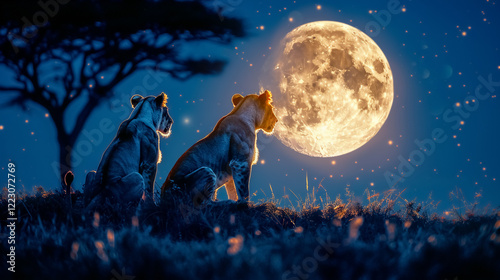 Lions gazing at full moon in serene night landscape, evoking tranquility and wonder