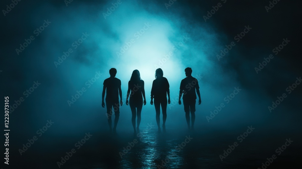 Four silhouetted figures walking in fog with blue backlight Four silhouetted figures walking in fog with blue backlight