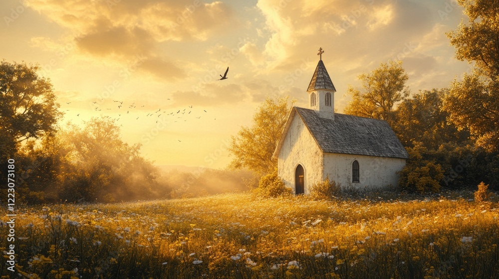 Serene countryside scene featuring quaint church bathed in golde Serene countryside scene featuring quaint church bathed in golde