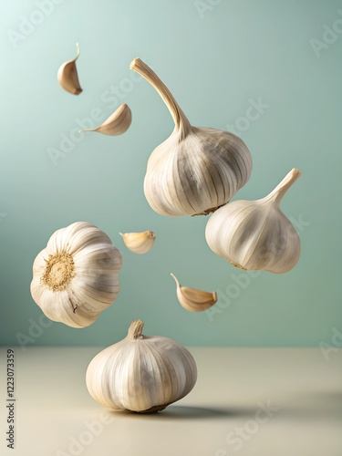 Whole garlic bulbs and cloves floating against a pastel green background, showcasing their natural texture and form. A minimalistic composition perfect for culinary or organic themes.
