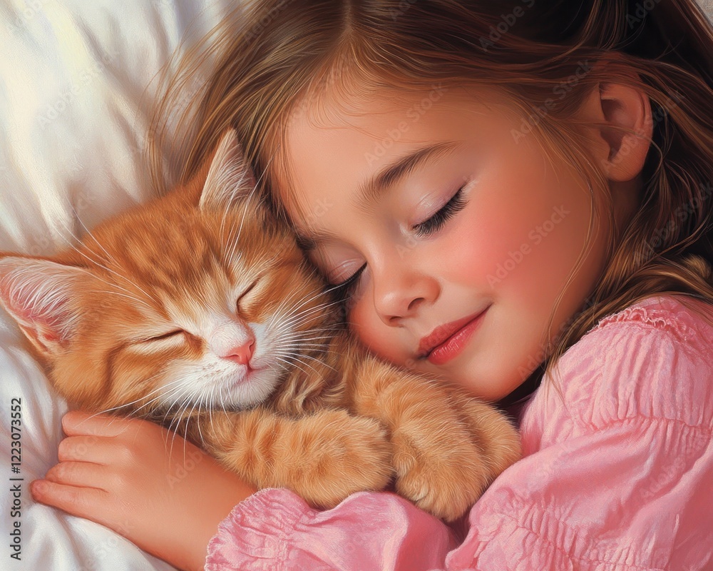 Capture the warmth and sweetness of a young girl gently embracing her ginger kitten, a scene of pure affection not two kittens tumbling, but a tender moment of repose This heartwarming display Capture the warmth and sweetness of a young girl gently embracing her ginger kitten, a scene of pure affection not two kittens tumbling, but a tender moment of repose This heartwarming display