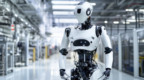 A full-body shot of a humanoid robot with a high-tech appearance and detailed mechanics, displayed in an advanced manufacturing facility, Tech-savvy style