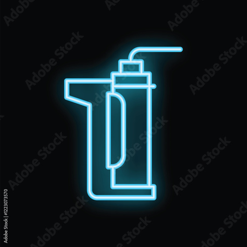 Blue neon icon of a water cooler glowing on a black background