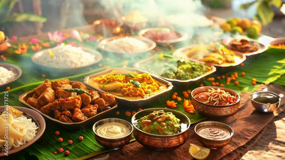 Traditional Vishu Sadya feast served on a banana leaf with rice, curries, and fruits. Kerala traditions, South India
