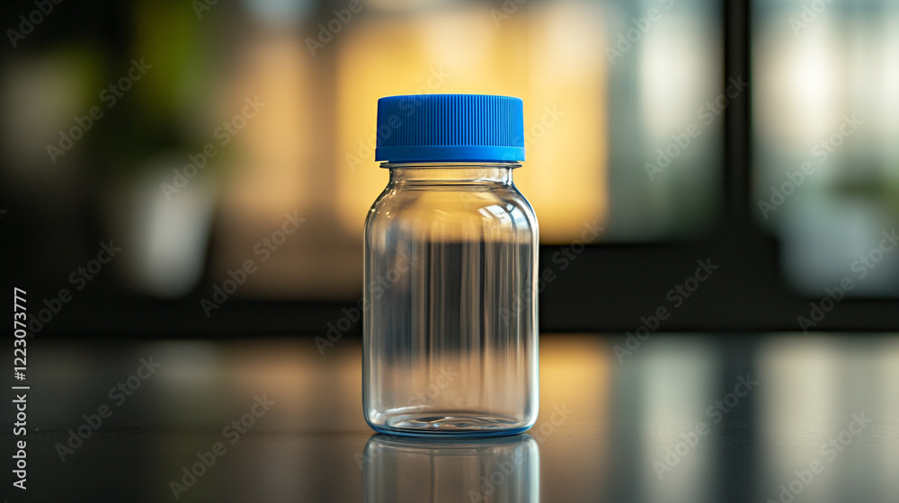 Clear plastic bottle with blue cap placed on a reflective surface in a soft focus background Clear plastic bottle with blue cap placed on a reflective surface in a soft focus background
