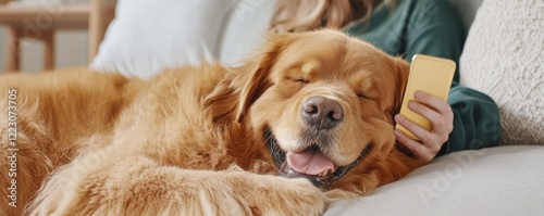 Concerned pet owner seeks vet advice for lethargic dog, observing unusual symptoms while using vet helpline phone in cozy living room The dog, a golden retriever, lies on sofa displaying signs of