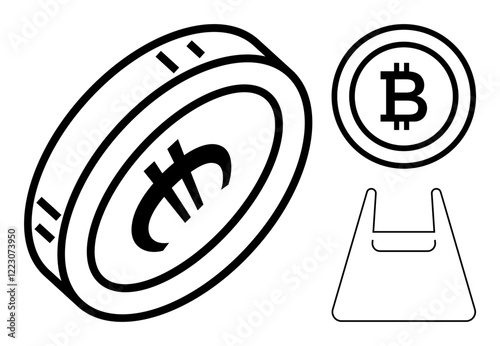 Stylized bitcoin coin in various perspectives, and a wallet outline highlight blockchain and fintech. Ideal for cryptocurrency, digital assets, finance, e-commerce, blockchain education, investment