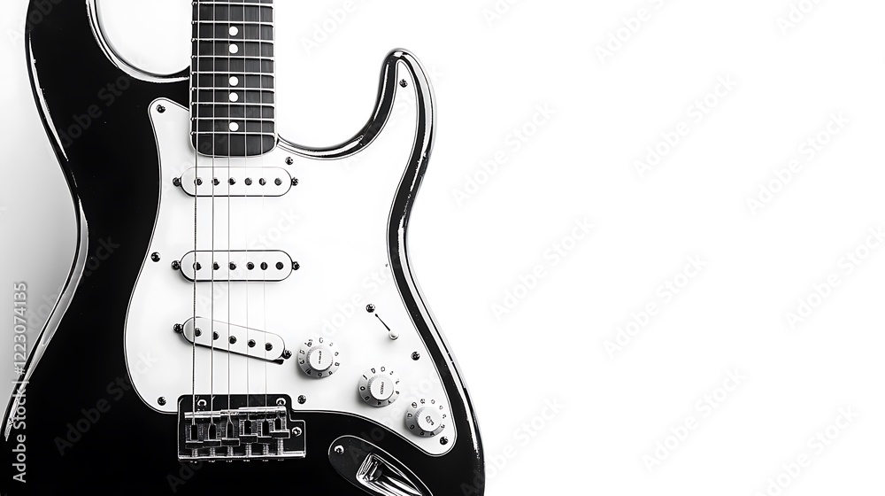 Fototapeta premium A vintage electric guitar captured in a black and white close-up, with plenty of empty space available for writing.
