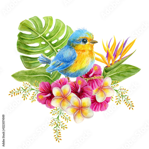 Bird chick sits on branch in tropical flowers and lush greenery. Watercolor painting tropics composition consisting of  hibiscus, plumeria and green leaves.