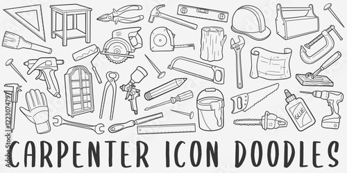 Carpenter Doodle Icons. Hand Drawn Made Line Art. Wood Working Clipart Symbol Design.