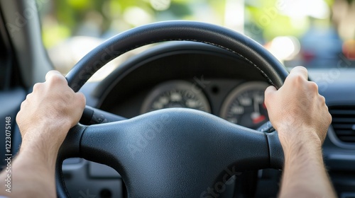 Driving a car with hands on the steering wheel, urban background