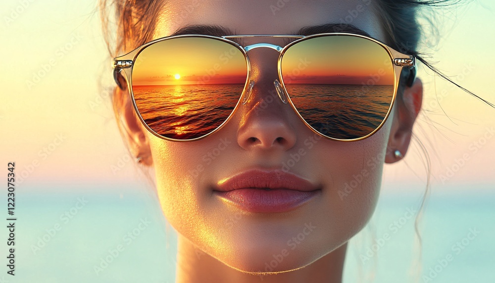 Woman in Sunglasses with Reflected Landscape in Double Exposure Artistry Woman in Sunglasses with Reflected Landscape in Double Exposure Artistry
