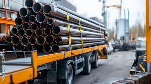 A truck is parked in an industrial area, loaded with metal pipes secured with straps. Heavy machinery and construction materials are visible in the background under clear blue skies