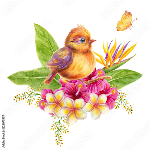 Bird chick sits on branch in tropical flowers and lush greenery. Watercolor painting tropics composition consisting of  hibiscus, plumeria and green leaves.