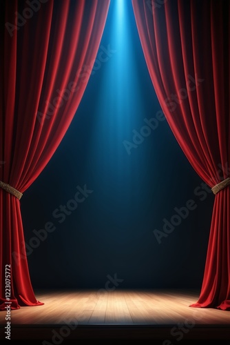 a close up of a stage with a red curtain and spotlight