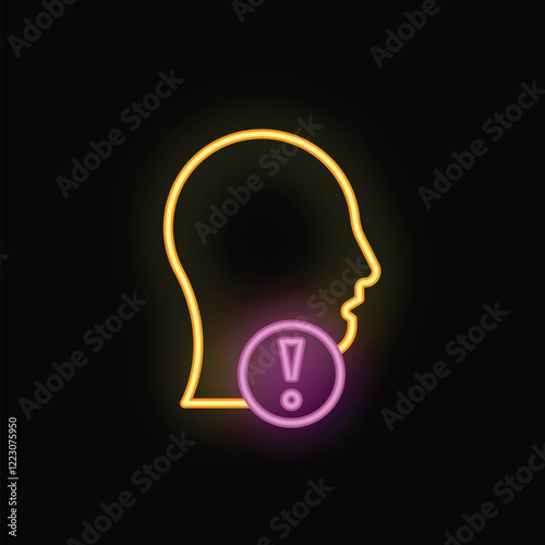 Neon style icon of sore throat symptom, represented by a glowing human head silhouette with highlighted throat area