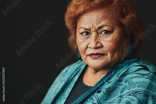 Portrait of a Dignified Maori Elder Woman in Traditional Teal Shawl