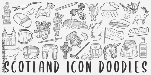 Scotland, Doodle Icons. Hand Drawn Made Line Art. Scottish Highlands Clipart Symbol Design.