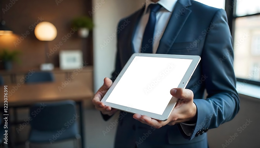 A person in business attire presenting a tablet with a blank screen in an office setting A person in business attire presenting a tablet with a blank screen in an office setting