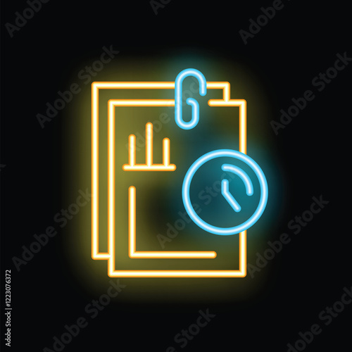 Glowing neon icon of documents with a clock, symbolizing the concept of time management and deadlines