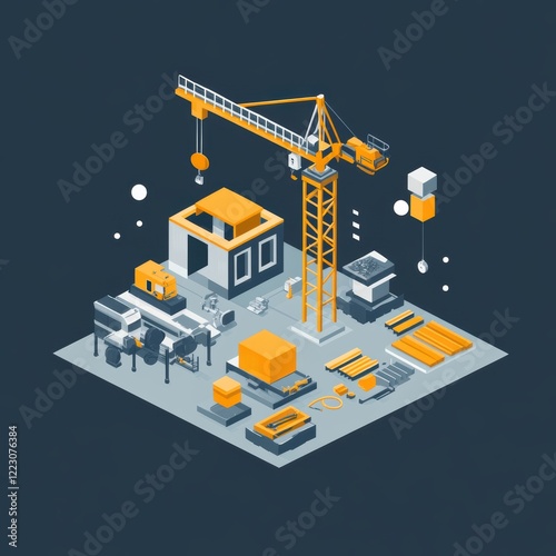 Isometric construction site with materials, equipment, and machinery. photo