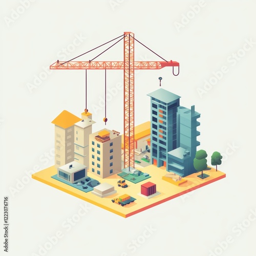 Construction of multiple modern apartment buildings with cranes on-site. photo