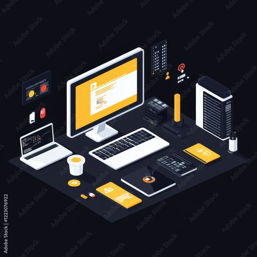 Modern workspace setup with multiple screens and tech devices. Modern workspace setup with multiple screens and tech devices.