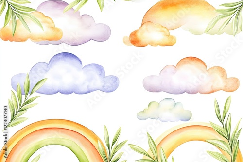 Colorful watercolor clouds and rainbow with green leaves, creating a cheerful and vibrant atmosphere