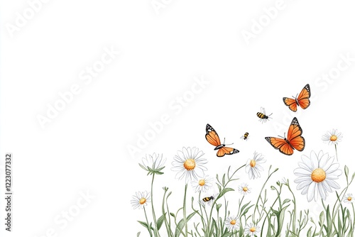 Colorful butterflies and bees fluttering over daisies in a serene garden setting