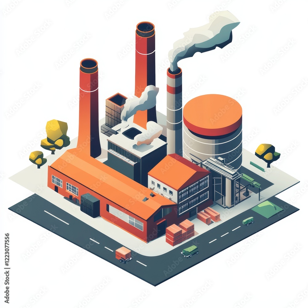 Obraz premium Isometric illustration of an industrial facility with smokestacks, trees, and a clean layout.