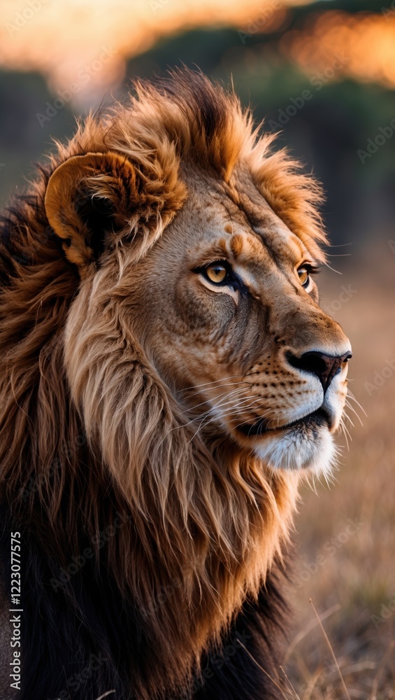 Fototapeta premium Majestic lion gazing in the savannah at sunset