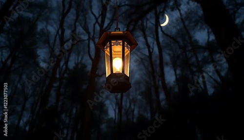 Illuminated Lantern Hanging in Dark Forest at Night
