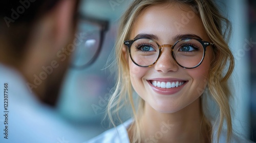 Wallpaper Mural Portrait of smiling beautiful young Caucasian woman wearing glasses in ophthalmologist's office next to doctor after glasses selection, vision test and glasses selection Torontodigital.ca