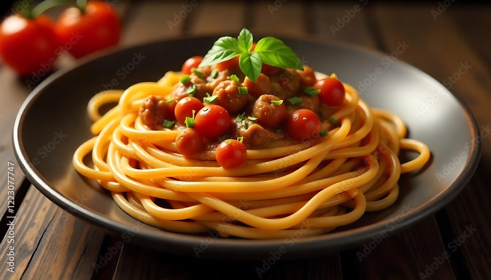 Delicious spaghetti with meatballs and cherry tomatoes on a dark plate presented on a wooden table Delicious spaghetti with meatballs and cherry tomatoes on a dark plate presented on a wooden table