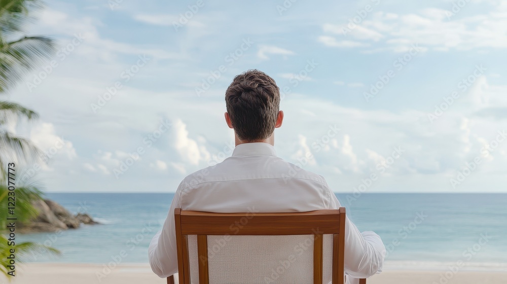 Fototapeta premium Businessman's Serene Beachside Contemplation Executive Relaxation and Tropical Getaway, Embracing Success and Tranquility
