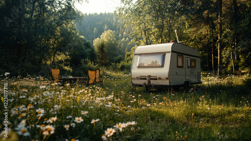A vintage caravan sits peacefully in a lush green clearing, surrounded by wildflowers. Two folding chairs are arranged nearby, inviting relaxation in the tranquil forest during golden hour