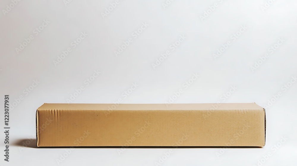 A brown cardboard box, elongated in shape, is placed on a white background, creating an isolated image with generous copy space. A brown cardboard box, elongated in shape, is placed on a white background, creating an isolated image with generous copy space.