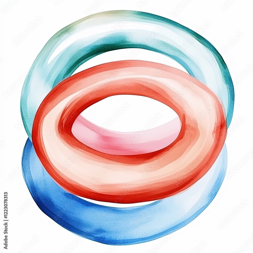 Three overlapping colorful rings in a playful arrangement, showcasing vibrant watercolor art Three overlapping colorful rings in a playful arrangement, showcasing vibrant watercolor art