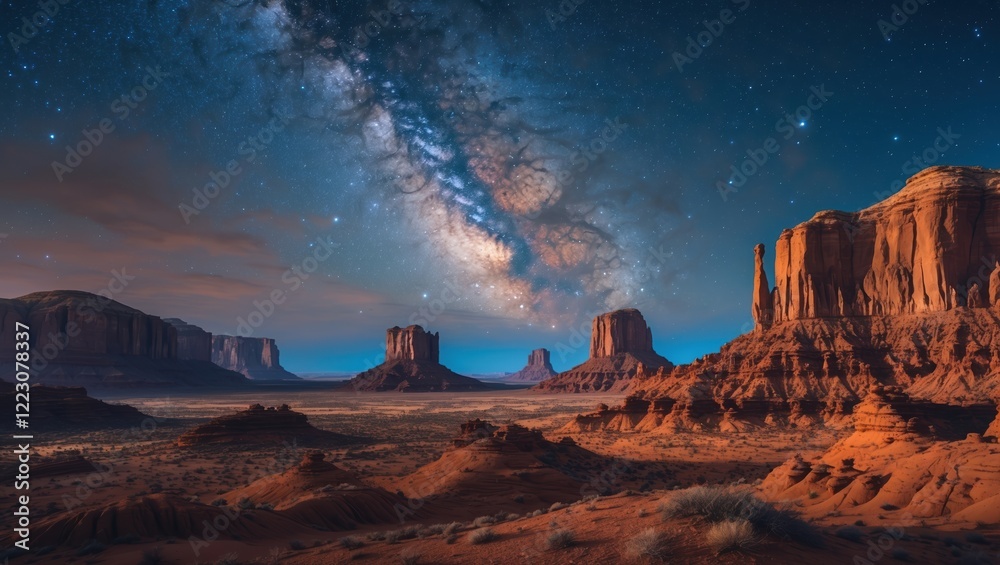 Naklejka premium Starlit Desert Landscape with Majestic Rock Formations