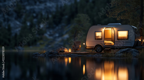 Wallpaper Mural A camper is parked by a tranquil lake, illuminated by warm lights. The setting is peaceful, with a rock outcrop reflecting in the water and a cozy chair nearby, perfect for enjoying the evening Torontodigital.ca