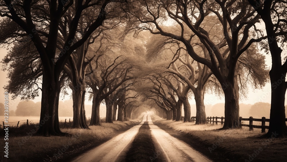 Idyllic Serene Country Road in Sepia Tones Idyllic Serene Country Road in Sepia Tones