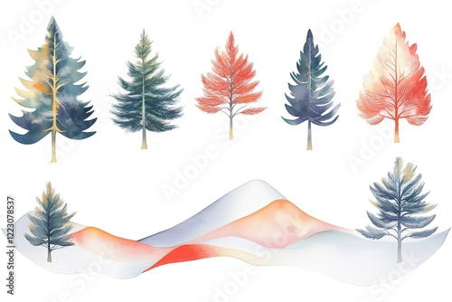 Colorful watercolor trees and abstract mountains creating a serene landscape scene