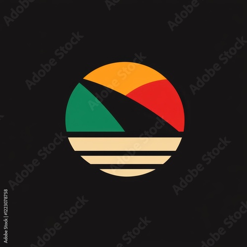 Circular abstract gradient design of a sunset with green, red, and yellow tones, bold style. photo