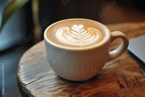 Wallpaper Mural Coffee latte art on wooden table with laptop computer. Torontodigital.ca