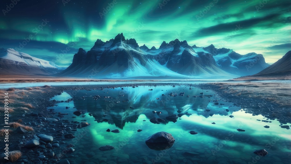 Fototapeta premium A serene Arctic landscape featuring dramatic ice formations and floating icebergs reflected in still water.